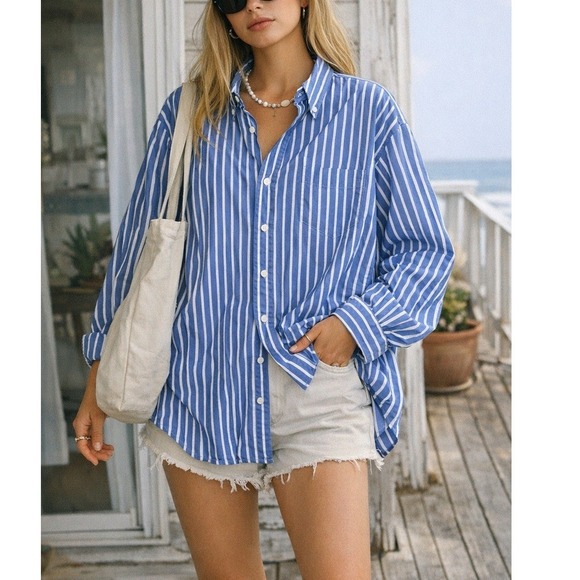 Ralph Lauren Tops - Vintage Ralph Lauren Men's Big Shirt Blue White Striped Cotton Button Down- M